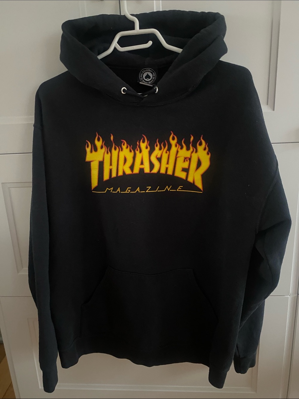 Thrasher Magazine Black Hoodie with Yellow-Orange Flame Logo Size Large